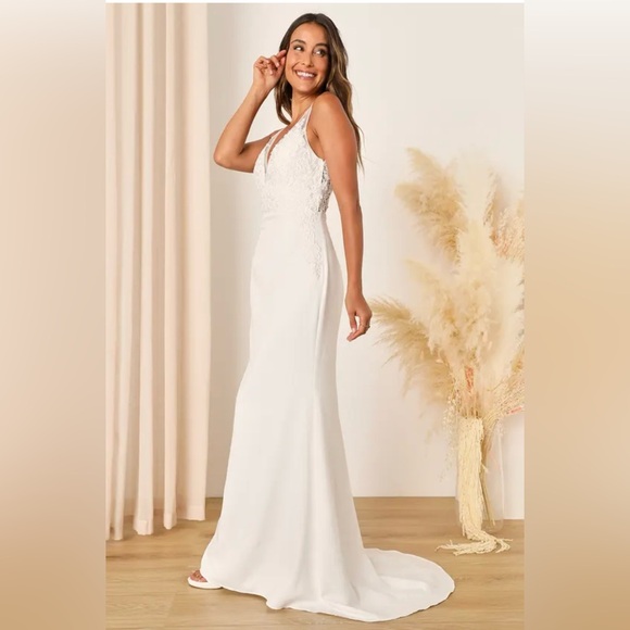 NWOT Lulu Precious Promise White Satin Embroidered Lace Mermaid Maxi Dress - Picture 5 of 7